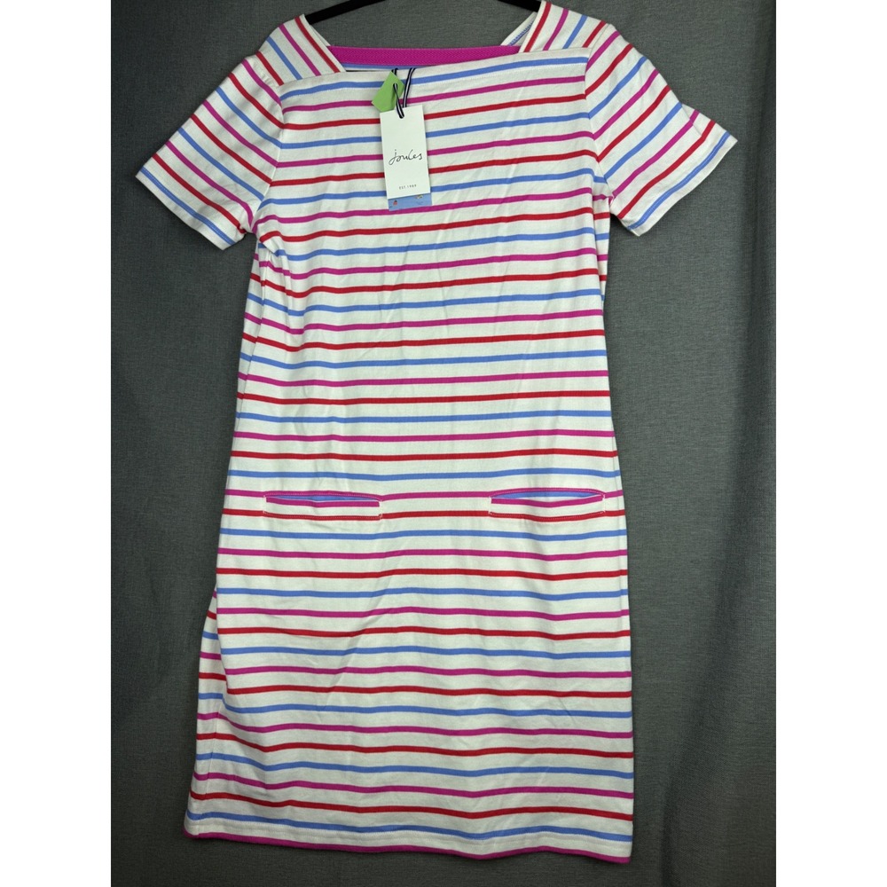 Joules Francis Striped Cotton Shift Dress White Blue Pink 212478 Womens US 8 NEW